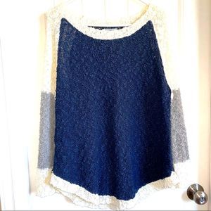 Windi River Semi sheer Crocheted navy grey cream sweater women L